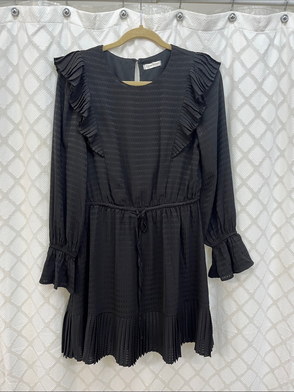Black Long-Sleeve Pleated Ruffle Dress